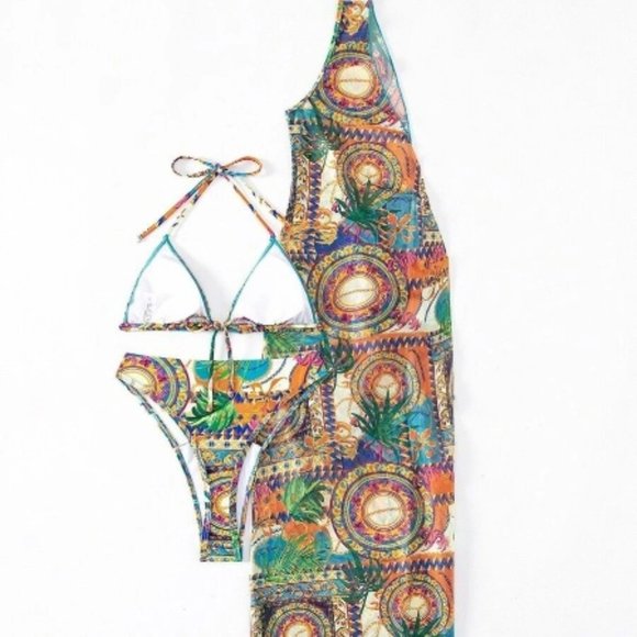 Tropical Print Halter Triangle Bikini Swimsuit With Cover Up - Picture 3 of 3